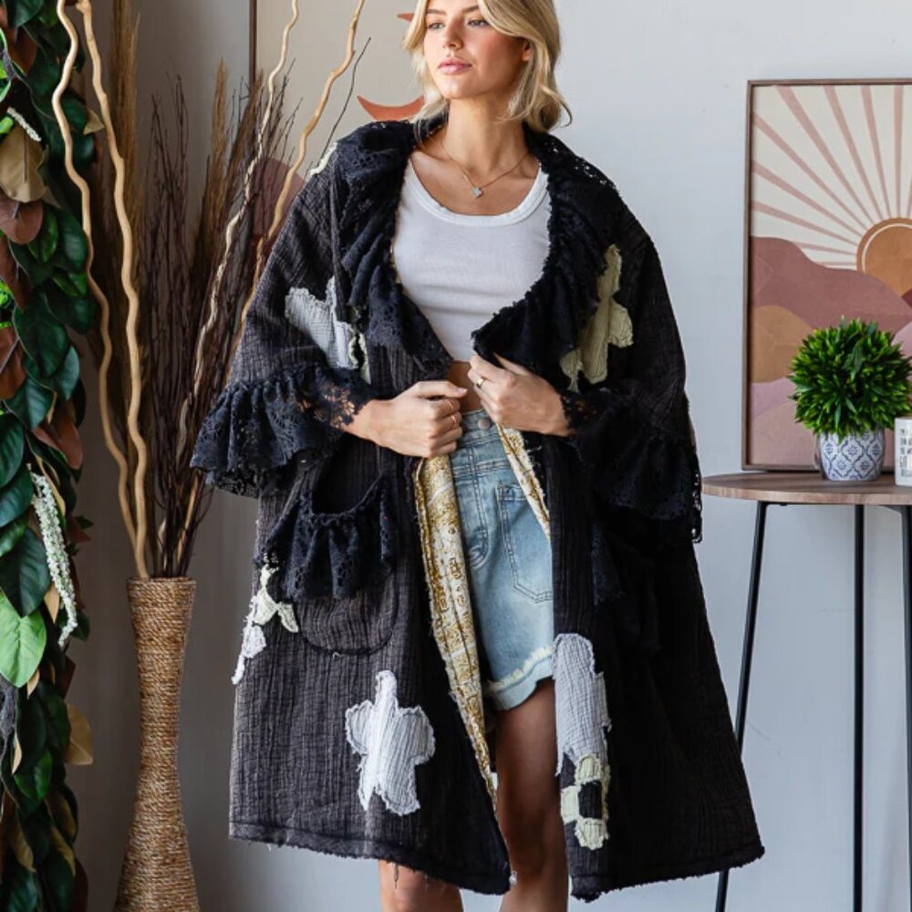 Oli & Hali Flower Patchwork Lace Ruffle Sleeve Duster Washed Black Size Medium